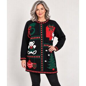 Vintage Christmas Sweater Private Eyes Teddy Bear Tree Made in USA Size L READ